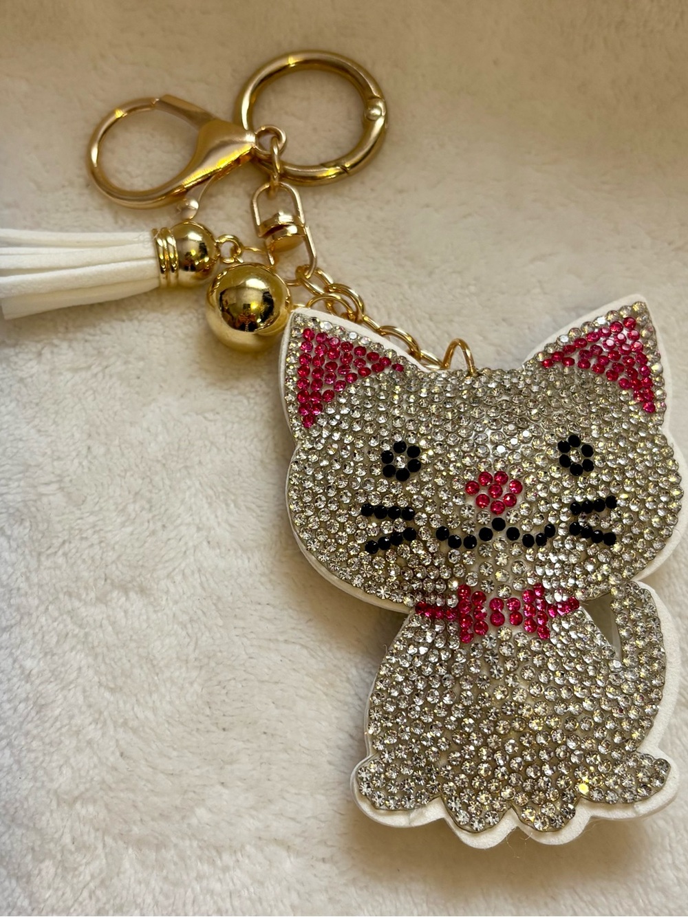 Sparkle Cat Key & Card Holder Charm in White and Pink